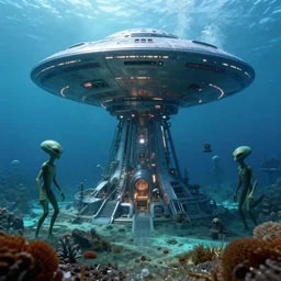 underwater ufo base with aliens, photorealistic, detailed