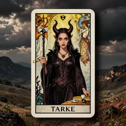 emilia clarke as a female demon, tarot card by william dyce and dante gabriel rossetti and william morris and william waterhouse