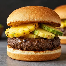 juicy vegan hamburger topped with pineapple and avocado, crispy buns, 8 k resolution, food photography, studio lighting, sharp focus, hyper - detailed