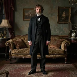 detailed cinematic moody colors studio portrait of a victorian gentleman with shaggy hair and no beard in a victorian living room, high quality by jeremy mann, only one full body single portrait