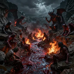 hells gate from dante alighieris divine comedy, dante's inferno, doom, agony, lost souls, demons, rivers of blood, hellfire, epic, dramatic, cinematic, masterpiece, volumetric lighting, chiaroscuro, artgem, trending on artstation, unreal engine 5, octane render, arnold render, physically based rendering, cinema 4 d, professional 3 d modeling
