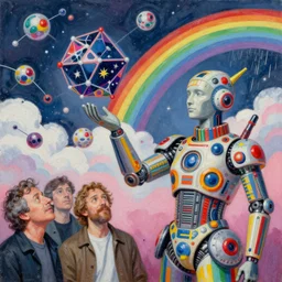 surreal gouache painting, by ricardo bofill, conrad roset, by kilian eng, by good smile company, incredibly detailed, of floating molecules and a mannequin statue holding an icosahedron with stars, clouds, and rainbows in the background, cgsociety, artstation, modular patterned mechanical costume and headpiece, retrowave atmosphere