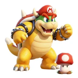 king bowser in a mecha suit shooting mushrooms at mario