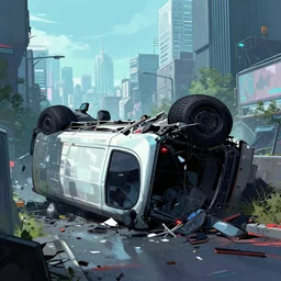 a van has crashed and rolled over. tokyo can be seen in the far off distance. art in the style of vincent di fate's cyberpunk 2 0 2 0.