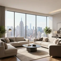 ultra realistic 3 d living room room render with floor to ceiling windows and view of new york, physics, digital photography