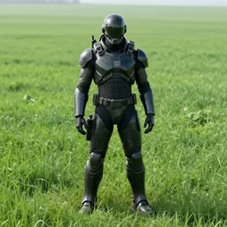 dark cyborg super soldier : : green and grassy utopia, vast, large field : : full body portrait of a dark cyberpunk super soldier : : hyper realistic, realism, ultra realistic, 8 k