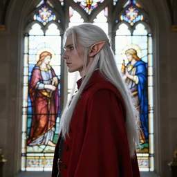 side - view portrait of a pale male elf, long white hair, elf ears, red coat, gothic stained glass window, masterful, backlit