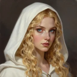 a head - on detailed oil portrait of a distinguished elven woman wearing a white hood with long!! curly!! blonde hairs and bright irises, by charlie bowater, lise deharme, wlop, trending on artstation, dungeon and dragons art, l critical role