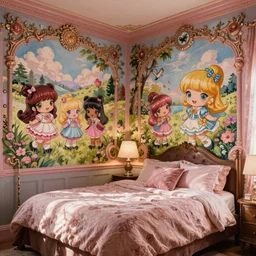 a cozy bedroom decorated in wall to wall Lisa Frank murals, ornate, detailed, high resolution, wow!, intricate