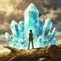 isekai masterpiece anime man standing tree log looking up at colossal cyan crystals, high noon, cinematic, very warm colors, intense shadows, ominous clouds, anime illustration, anime screenshot composite background by mandy jurgens