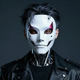 male ulzzang with visual kei mask, cybernetic enhancements,