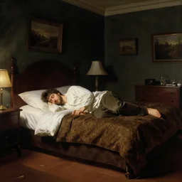 sleeping, dark cinematic light, furnished retro style master suite, by john everett millais