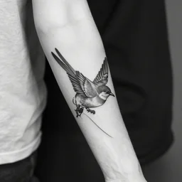 black and white photo of a womans arm filled with bird tattoos