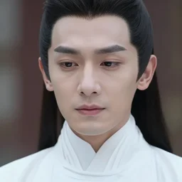 portrait of a regal prince with sharp cheekbones, white clothes, high collar, close up, wistful melancholic hopeful expression, super details, crowd of angry people staring at him in the background, modern digital art, matte painting, science fiction