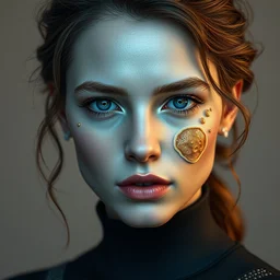 complex 3 d render hyper detailed ultra sharp beautiful futuristic stunning emma watson, with pancake on her face, medium shot portrait, close - up, pancake texture, haute couture, octane render, 8 k