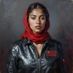detailed portrait in daring femininity, ethnic, statuesque, confident realistic face, flight suit and scarf, bathed in morning light, chiaroscuro, radiosity, brushy impressionism, contrasting highlights, silver with specular flourish, obsidian black and ruby red, modern fashion, contemporary art, deep rich hues, oil on canvas