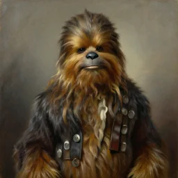 portrait of chewbacca wearing a black buttoned jacket with a white puff tie, an american romanticism painting, a portrait painting, cgsociety, soft focus, oil on canvas, - c 1 5. 0