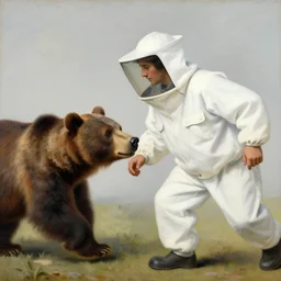 close up of man in white beekeeper costume chasing a bear. painting by gertrude abercrombie, fra angelico, henri rousseau