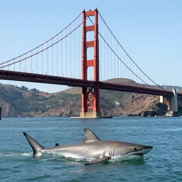 golden gate bridge with sharks in water,