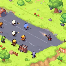 isometric pixelart battlefield with cute characters shooting at each other