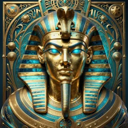 angry egyptian god, bronze skin tone and serpent headdress, pharaoh goatee, glowing eyes, volumetric lights, cyan and gold scheme, art nouveau botanicals, gothic, intricate, highly detailed, digital painting, artstation, concept art, smooth, sharp focus, symmetric face, illustration, steampunk, art by artgerm and greg rutkowski and alphonse mucha