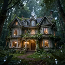 overgrown victorian spiderwick abandoned house, highly detailed, crystal lighting, mystical, ancient forest, hyperrealistic, 4 k, unreal engine, highly detailed, dramatic lighting, magical, beautiful,