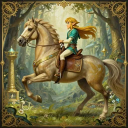 Link from Ocarina of Time, riding a majestic horse through The lost woods of Hyrule, D&D, fantasy, intricate, elegant, highly detailed, digital painting, artstation, concept art, matte, sharp focus, illustration, art by Artgerm and Greg Rutkowski and Alphonse Mucha
