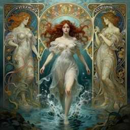 underwater view of girl walking through shallow river, insane, intricate, highly detailed, digital painting, artstation, smooth, sharp focus, illustration, unreal engine 5, 8 k, art by artgerm and greg rutkowski and alphonse mucha