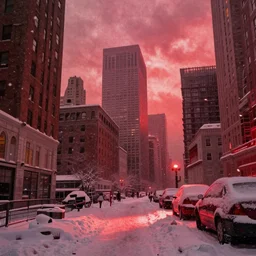 a blizzard of red snow covering New York City