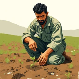 farmer kneeling down putting a seed in the soil, limited neutral palette, by petros afshar, anton fadeev, dean ellis, beautiful graphic full body portrait, propaganda poster art 1 9 7 0 s illustrated advertising art, painterly character design
