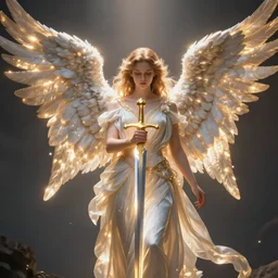 « beautiful, divin archangel, with a sword, beautiful wings, glowing lights, detailed »