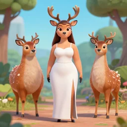 portrait, 3 d render, tall, sexy, little fat, anthropomorphic female deer, wearing along white dress, in the style of zootopia,