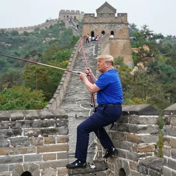 candid photo of donald trump climbing over the great wall of china in 2020