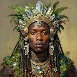 upper half portrait of retro futuristic african tribal chief - embellished with vegetation and iridescent crystals, art by stanley artgem lau, design blocking by alphonso mucha, colouring by zdzisaw beksinski, highly detailed, digital painting, airbrush, concept art, illustration, smooth sharp focus, intricate, symmetry, artstation, colourful,