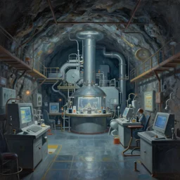 landscape painting of detailed interior of an underground laboratory, nightcore style