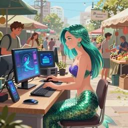 cyberpunk mermaid working on cyberpunk computer in cyberpunk farmers market by william barlowe and pascal blanche and tom bagshaw and elsa beskow and enki bilal and franklin booth, neon rainbow vivid colors smooth, liquid, curves, very fine high detail 3 5 mm lens photo 8 k resolution