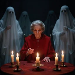 a seance conducted by an old woman dressed in red, candle light, ghosts, ominous, by federico fellini