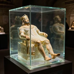 a completely transparent glass cube in which the king's body has been perfectly preserved and very lifelike. he is dressed in all casual regal garments. his body is beautifully preserved without blemish or damage and the display is magnficent. the display is in the darkness of the catacombs and is beautifully lit, he has natural color and is posed in a relaxed way.