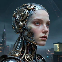 detailed face of a woman, clockwork biomechanical woman, moment, tectonic sky, skydome, tech noir, wet reflections, prism, atmospheric, ambient, pj crook, syd mead, livia prima, greg rutkowski, edward hopper