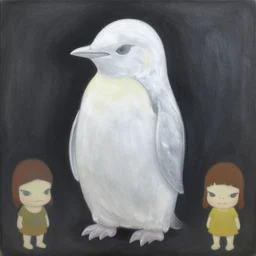 A painting of a white silver Pinguin, very ethereal, silver color, dark, chiaroscuro, nacre, pastel oil inks, , paint-on-glass painting by Chiho Aoshima, Yoshitomo Nara, Huang Yuxing and Aya Takano , Superflat art movement, chibi, soft pastel colors
