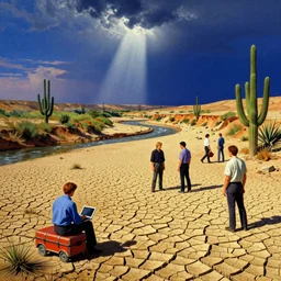 the 👽 🛸💥 site at a dry river bed in a barren 💨 🏜 by ivan shishkin and zacharias aagaard and simon stalenhag and josan gonzalez and escher, chiaroscuro, tonalism, sfumato, high saturation, high contrast, vibrant, retrowave, 🦿 👨💻👩🚒🧑🔧🌵