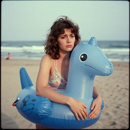 A sad woman wearing an inflatable animal to the beach, 1980, color film expired film, aged photo, fellini almodovar john waters