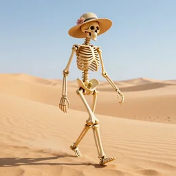 3 d render, skeleton, wearing a sun hat with a flower in it, walking in a desert, hd