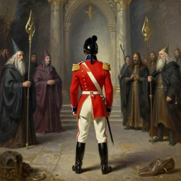 a British redcoat soldiers stands before the high council of wizards, fantasy, concept art, oil on canvas,
