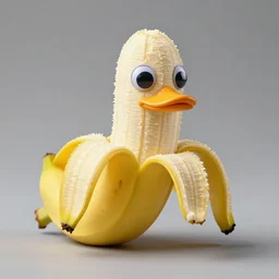 Professional photograph of a peeled!!! banana with googly eyes and a duck beak. Peeled banana duck.
