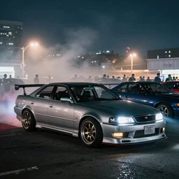 a car JZX100 twin turbo drift at illegal car meet, Tochigi prefecture, city midnight mist lights, cinematic lighting, photorealistic, highly detailed wheels, high detail