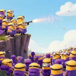 group of purple minions in suits on a cliff firing a confetti canon at a crowd of other purple minions wearing regular clothes standing below the cliff