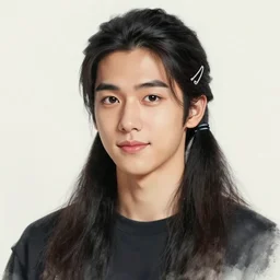 japanese person in his 20's, long black hair, hair ties, barrettes ponytails, handsome, cute expression, korean, detailed photorealistic artwork, by Ruan Jia and Gil Elvgren, portrait