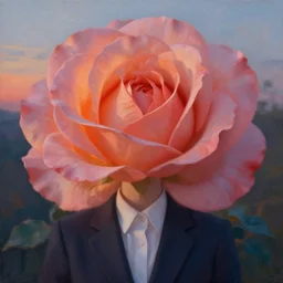 closeup, large rose flower head, frontal, girl in a suit, surreal photography, sunrise, dramatic light, impressionist painting, digital painting, artstation, simon stalenhag