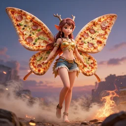 a beautiful hyperrealistic detailed 3D render of a fairy girl with pizza instead of wings, by Anton Otto Fischer, Atey Ghailan, genzoman, unreal engine, octane render, gigantic, 3D, brilliantly coloured, intricate, ultra wide angle, trending on artstation, embers, smoke, dust, dusk, volumetric lighting, HDR, polished, micro details, ray tracing, 8k,
